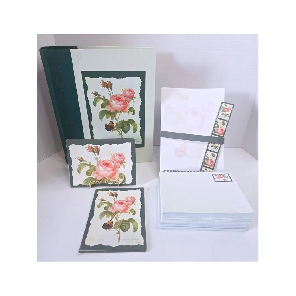 Vintage Rose Botanical Stationery Set in Book Box Pierre-Joseph Redoute Floral
